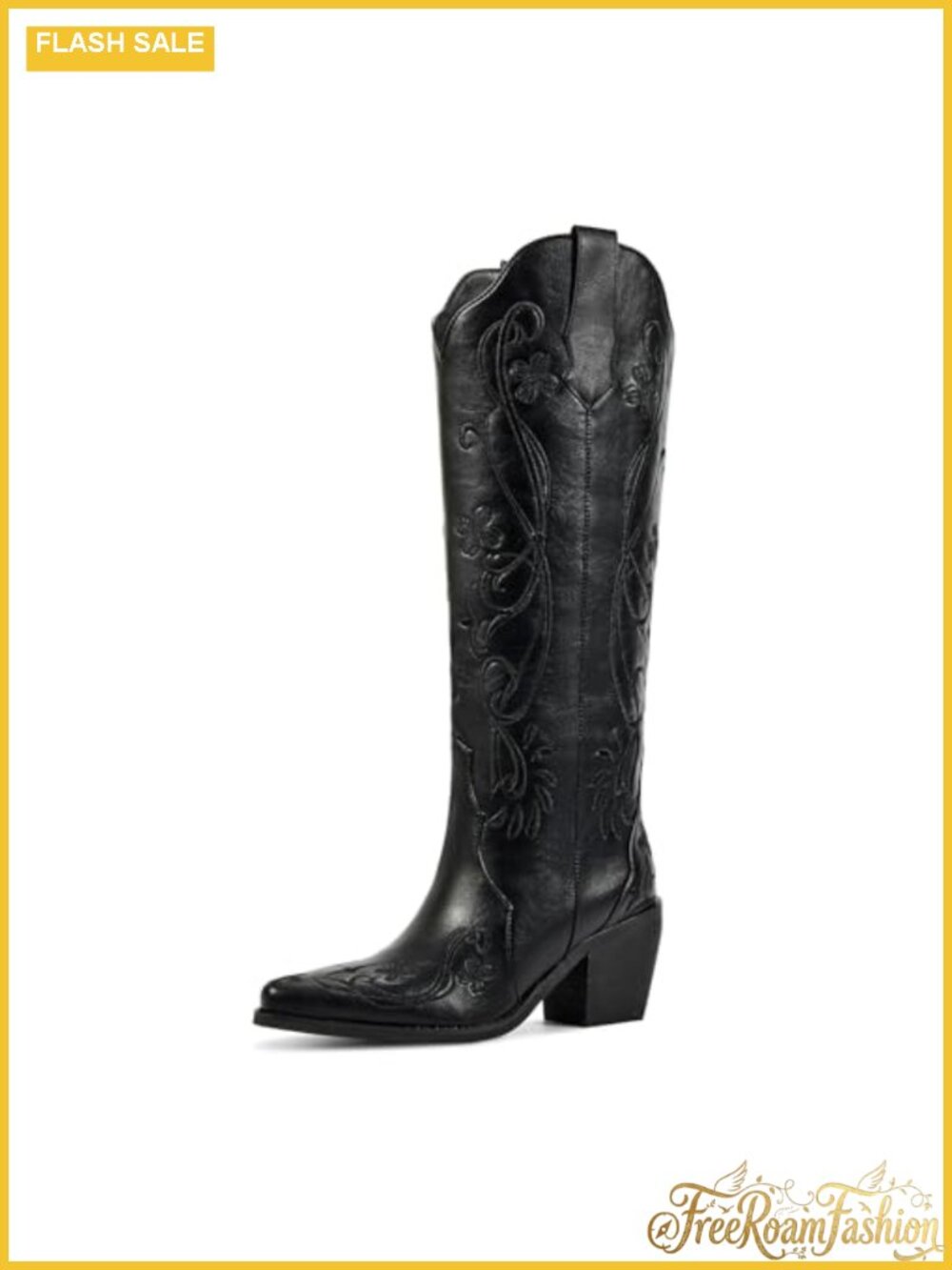 wetkiss Knee High Western Cowboy Boots Faux Leather Floral Embroidered